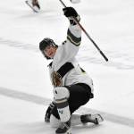 Jackson Ebbott of the Kenai River Brown Bears celebrates a goal against the Fairbanks Ice Dogs on Saturday, Nov. 4, 2023, at the Soldotna Regional Sports Complex in Soldotna, Alaska. (Photo by Jeff Helminiak/Peninsula Clarion)