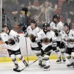 Marko Giourof (19) of the Kenai River Brown Bears celebrates his hat trick against the Fairbanks Ice Dogs on Saturday, Nov. 4, 2023, at the Soldotna Regional Sports Complex in Soldotna, Alaska. (Photo by Jeff Helminiak/Peninsula Clarion)