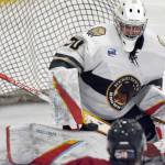 Kenai River Brown Bears goalie Owen Zenone makes a save against the Fairbanks Ice Dogs on Saturday, Nov. 4, 2023, at the Soldotna Regional Sports Complex in Soldotna, Alaska. (Photo by Jeff Helminiak/Peninsula Clarion)