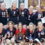 The Kenai Central volleyball team after winning the Southcentral Conference tournament Saturday, Nov. 4, 2023, at Grace Christian in Anchorage, Alaska. (Photo provided)
