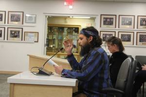 Adam Bertoldo testifies in opposition to a resolution only permitting certain chaplains to deliver invocations before Kenai Peninsula Borough Assembly meetings on Tuesday, Nov. 7, 2023, in Soldotna, Alaska. (Ashlyn OHara/Peninsula Clarion)