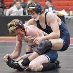 Soldotnas Tustin Keller wrestles Homers Landyn Woods at 135 pounds during a dual meet Tuesday, Nov. 7, 2023, at Kenai Central High School in Kenai, Alaska. (Photo by Jeff Helminiak/Peninsula Clarion)
