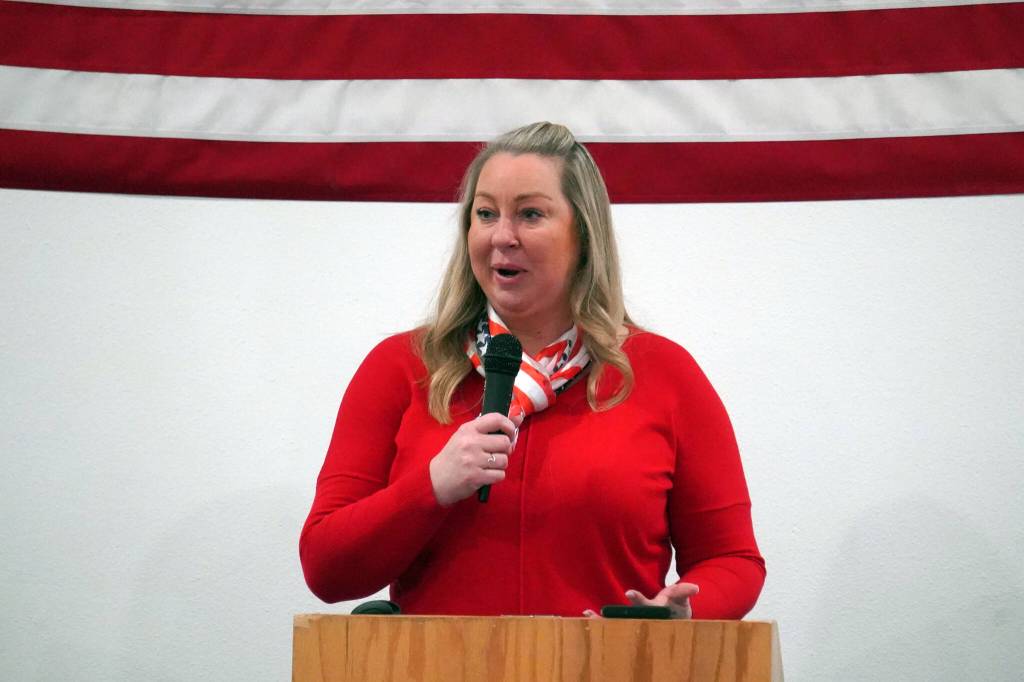 Gov. Mike Dunleavys Regional Director Jill Schaefer speaks during a Veterans Day celebration at the American Legion Post 20 in Kenai, Alaska, on Saturday, Nov. 11, 2023. (Jake Dye/Peninsula Clarion)