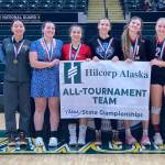 The all-tournament team at the Class 3A state volleyball tournament Saturday, Nov. 11, 2023, at the Alaska Airlines Center in Anchorage, Alaska. (Photo by Jeff Helminiak/Peninsula Clarion)
