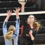 Kenai Centrals Avia Miller attacks against Valdezs Isabella Smelcer at the Class 3A state volleyball tournament Saturday, Nov. 11, 2023, at the Alaska Airlines Center in Anchorage, Alaska. (Photo by Jeff Helminiak/Peninsula Clarion)