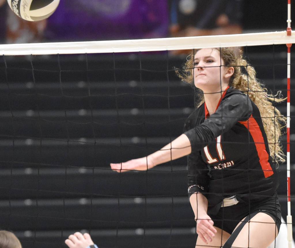 Kenai Centrals Sophie Tapley attacks against Valdez at the Class 3A state volleyball tournament Saturday, Nov. 11, 2023, at the Alaska Airlines Center in Anchorage, Alaska. (Photo by Jeff Helminiak/Peninsula Clarion)
