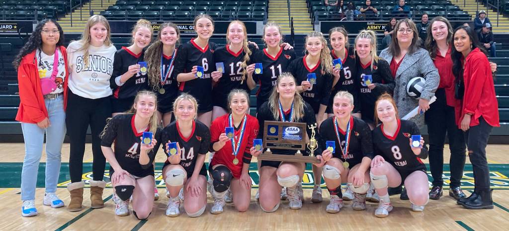 Kenai Central won at the Class 3A state volleyball tournament Saturday, Nov. 11, 2023, at the Alaska Airlines Center in Anchorage, Alaska. (Photo by Jeff Helminiak/Peninsula Clarion)