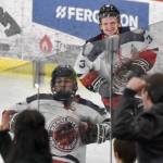 Kenai River Brown Bears forward Andy Larson celebrates his game-winning goal, with Nick Stevens trailing, against the Chippewa (Wisconsin) Steel on Sunday, Nov. 12, 2023, at the Soldotna Regional Sports Complex in Soldotna, Alaska. (Photo by Jeff Helminiak/Peninsula Clarion)