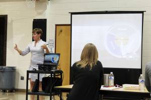 Amanda Adams leads a session during an in-service at Skyview Middle School on Friday, Aug. 13, 2021 in Soldotna, Alaska. (Ashlyn OHara/Peninsula Clarion)
