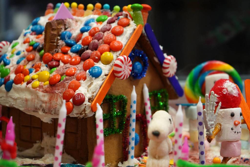 A gingerbread house constructed by 5-year-old Aurelia is displayed as part of the 11th Annual Gingerbread House Contest at the Kenai Chamber of Commerce and Visitor Center in Kenai, Alaska, on Thursday, Nov. 16, 2023. (Jake Dye/Peninsula Clarion)