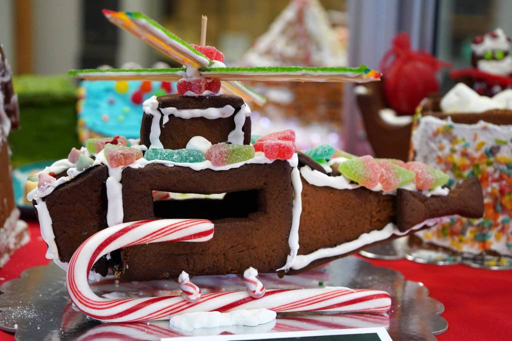 A gingerbread helicopter, constructed by 10-year-old Tayla, is displayed as part of the 11th Annual Gingerbread House Contest at the Kenai Chamber of Commerce and Visitor Center in Kenai, Alaska, on Thursday, Nov. 16, 2023. (Jake Dye/Peninsula Clarion)