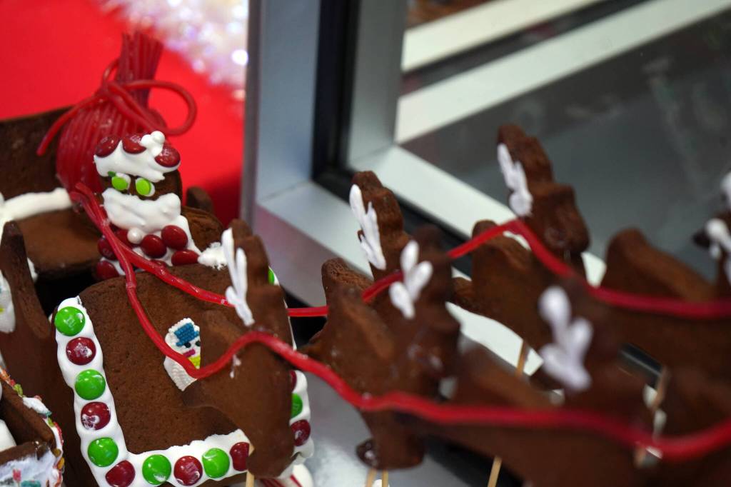 A gingerbread Santa, sleigh and reindeer constructed by 12-year-old Noah is displayed as part of the 11th Annual Gingerbread House Contest at the Kenai Chamber of Commerce and Visitor Center in Kenai, Alaska, on Thursday, Nov. 16, 2023. (Jake Dye/Peninsula Clarion)