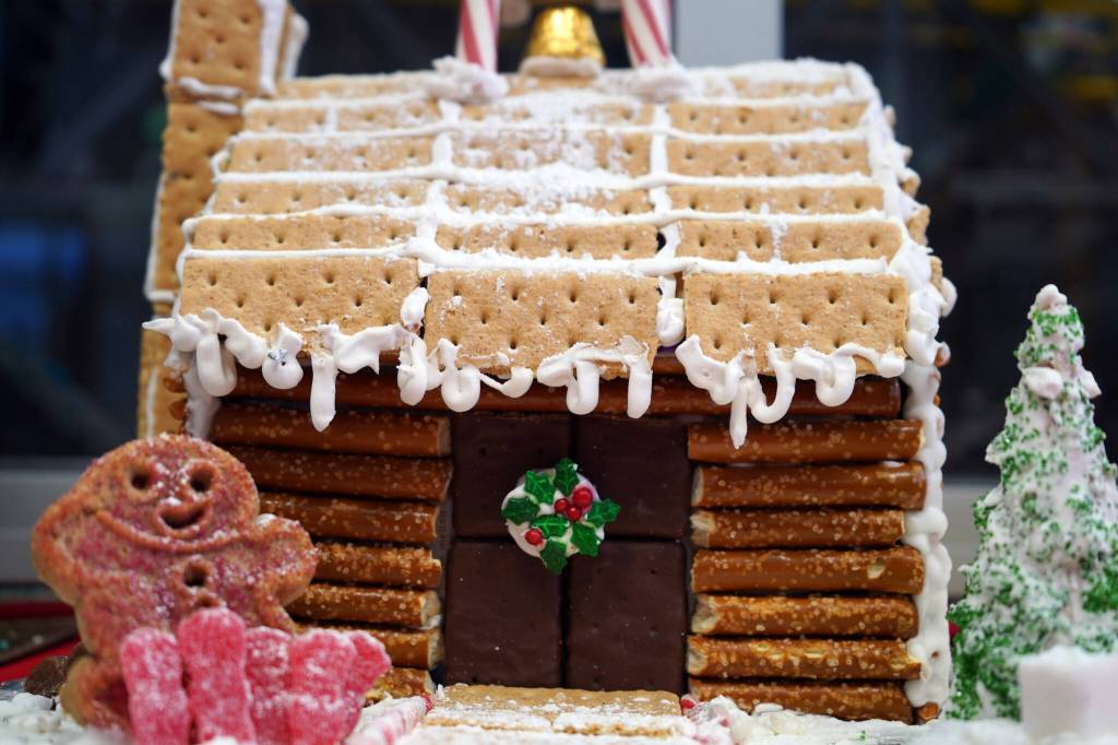 A gingerbread house constructed by 14-year-old Ara is displayed as part of the 11th Annual Gingerbread House Contest at the Kenai Chamber of Commerce and Visitor Center in Kenai, Alaska, on Thursday, Nov. 16, 2023. (Jake Dye/Peninsula Clarion)