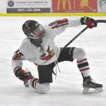 Kenai Central's Mason Vermette celebrates a power-play goal against Palmer on Thursday, Nov. 16, 2023, during Kenai River Cup play at the Kenai Multi-Purpose Facility in Kenai, Alaska. (Photo by Jeff Helminiak/Peninsula Clarion)