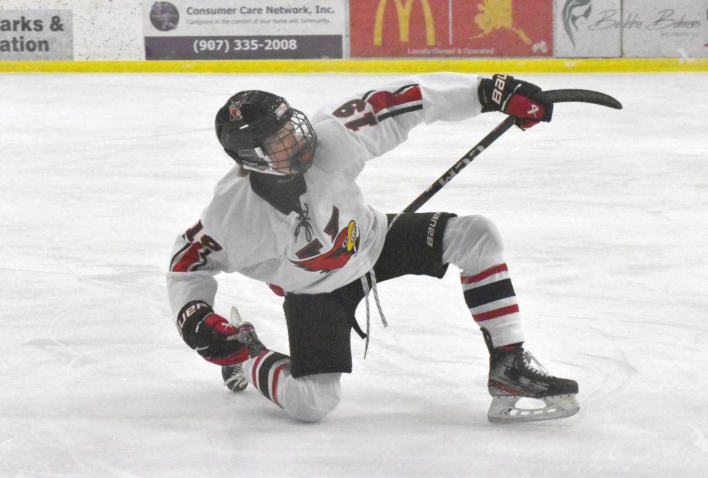 Kenai Central's Mason Vermette celebrates a power-play goal against Palmer on Thursday, Nov. 16, 2023, during Kenai River Cup play at the Kenai Multi-Purpose Facility in Kenai, Alaska. (Photo by Jeff Helminiak/Peninsula Clarion)