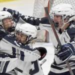 Soldotna's Chase Willis (left) celebrates his goal against Juneau-Douglas: Yadaa.at Kale with Draiden Mullican and Andrew Arthur on Friday, Nov. 17, 2023, at the Soldotna Regional Sports Complex in Soldotna, Alaska. (Photo by Jeff Helminiak/Peninsula Clarion)