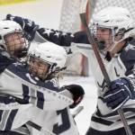 Soldotnas Chase Willis (left) celebrates his goal against Juneau-Douglas: Yadaa.at Kale with Draiden Mullican and Andrew Arthur on Friday, Nov. 17, 2023, at the Soldotna Regional Sports Complex in Soldotna, Alaska. (Photo by Jeff Helminiak/Peninsula Clarion)