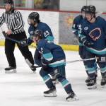 Anchorage Wolverines defenseman Trent Powell (2), of Soldotna, celebrates after scoring against the Kenai River Brown Bears on Saturday, Nov. 18, 2023, at the Soldotna Regional Sports Complex in Soldotna, Alaska. (Photo by Jeff Helminiak/Peninsula Clarion)