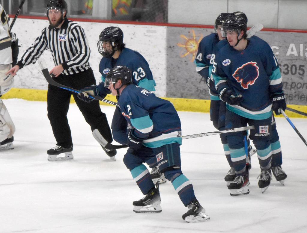 Anchorage Wolverines defenseman Trent Powell (2), of Soldotna, celebrates after scoring against the Kenai River Brown Bears on Saturday, Nov. 18, 2023, at the Soldotna Regional Sports Complex in Soldotna, Alaska. (Photo by Jeff Helminiak/Peninsula Clarion)