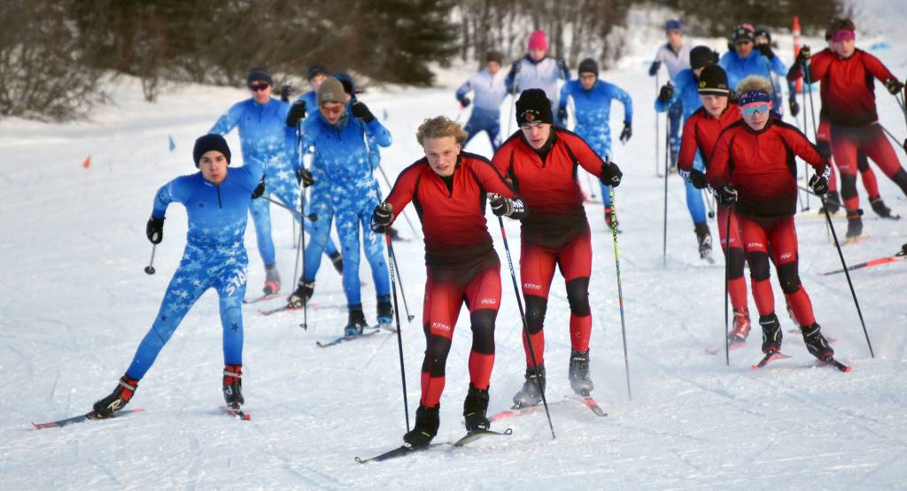 Kenai Centras Jack Laker leads skiers at the start of the Turkey Skate on Tuesday, Nov. 21, 2023, at Tsalteshi Trails just outside of Soldotna, Alaska. (Photo by Jeff Helminiak/Peninsula Clarion)