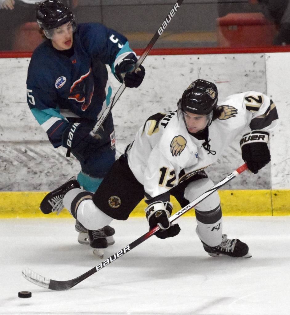 Kenai River Brown Bears defenseman Jacob Margarit keeps the puck from Cole Christian of the Anchorage Wolverines on Friday, Dec. 1, 2023, at the Soldotna Regional Sports Complex in Soldotna, Alaska. (Photo by Jeff Helminiak/Peninsula Clarion)