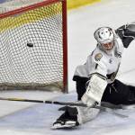 Kenai River Brown Bears goaltender Conor Sullivan makes a save against the Anchorage Wolverines on Friday, Dec. 1, 2023, at the Soldotna Regional Sports Complex in Soldotna, Alaska. (Photo by Jeff Helminiak/Peninsula Clarion)