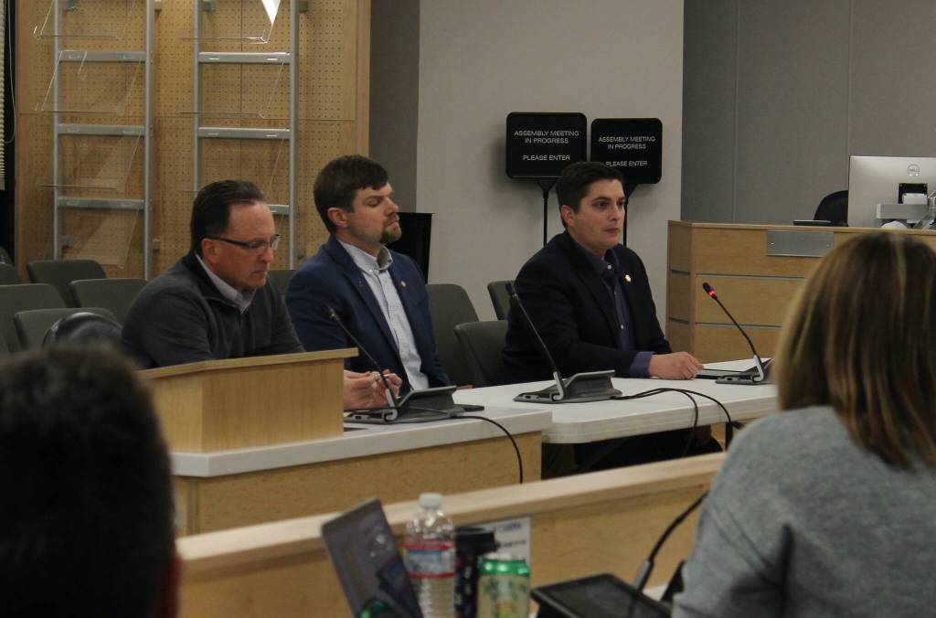 From left: Rep. Ben Carpenter, Sen. Jesse Bjorkman and Rep. Justin Ruffridge discuss their priorities regarding education during a work session with members of the Kenai Peninsula Borough School District on Monday, Dec. 4, 2023 in Soldotna, Alaska. (Ashlyn OHara/Peninsula Clarion)