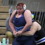 Soldotnas Meg Roberts breaks away from Palmers Noelle Buck during the girls 235-pound final of the Northern Lights Conference Championships on Saturday, Dec. 9, 2023, at Colony High School in Palmer, Alaska. (Photo by Jeremiah Bartz/Frontiersman)