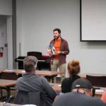 Raleigh Van Natta responds to questions about his short film Aunt Nancy and Old Man Trouble during the the season 2 premiere of the Kenai Peninsula Film Groups Winter Film Series at Soldotna Public Library in Soldotna, Alaska, on Sunday, Dec. 10, 2023. (Jake Dye/Peninsula Clarion)