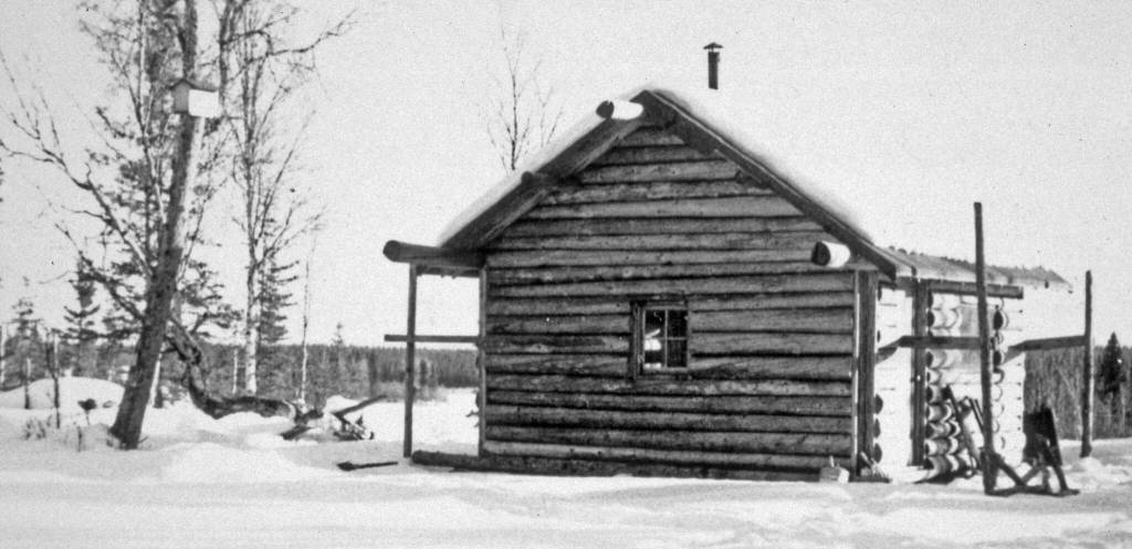 Photo courtesy of the Mullen Family Collection via the Kenai Peninsula College historical photo repository
After the Bodnar brothers completed Marcuss cabin near the bridge site in Soldotna, they completed Alexs cabin (shown here) near Big Eddy on the Kenai River.
