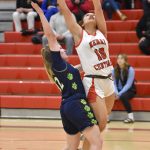 Kenai Centrals Alex Nelson goes up for a shot against Redingtons Sonia Gericke on Thursday, Dec. 14, 2023, at the Craig Jung Tournament at Kenai Central High School in Kenai, Alaska. (Photo by Jeff Helminiak/Peninsula Clarion)