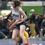 Soldotnas Kaytlin McAnelly wrestles to a 6-4 decision over Bethels Isabel Lieb in the girls title match at 132 pounds Saturday, Dec. 16, 2023, at the state wrestling tournament at the Alaska Airlines Center in Anchorage, Alaska. (Photo by Jeff Helminiak/Peninsula Clarion)