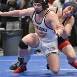 Sitkas Aiden Ojala works his way to a pin of Nikiskis Truit McCaughey in the Division II final at 215 pounds Saturday, Dec. 16, 2023, at the state wrestling tournament at the Alaska Airlines Center in Anchorage, Alaska. (Photo by Jeff Helminiak/Peninsula Clarion)