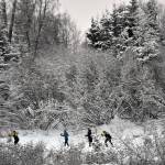 Skiers go up Angle Hill at the Candy Cane Scramble on Friday, Dec. 15, 2023, at Tsalteshi Trails just outside of Soldotna, Alaska. (Photo by Jeff Helminiak/Peninsula Clarion)