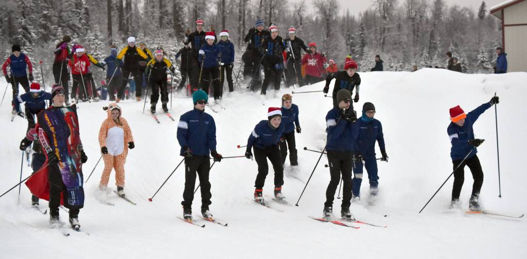 Skiers start the Candy Cane Scramble on Friday, Dec. 15, 2023, at Tsalteshi Trails just outside of Soldotna, Alaska. (Photo by Jeff Helminiak/Peninsula Clarion)