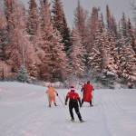 Skiers pursue stations at the Candy Cane Scramble on Friday, Dec. 15, 2023, at Tsalteshi Trails just outside of Soldotna, Alaska. (Photo by Jeff Helminiak/Peninsula Clarion)