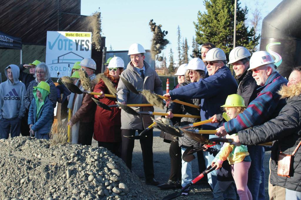 Soldotna city council members, staff and residents break ground on the Soldotna Field House project on Friday, Oct. 20, 2023, in Soldotna, Alaska. (Ashlyn OHara/Peninsula Clarion)