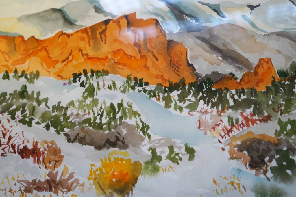 Artwork by Lynne OConnor set for exhibition in the Kenai Art Centers January show, Feels Like Home, awaits hanging at the Kenai Art Center in Kenai, Alaska, on Friday, Dec. 22, 2023. (Jake Dye/Peninsula Clarion)