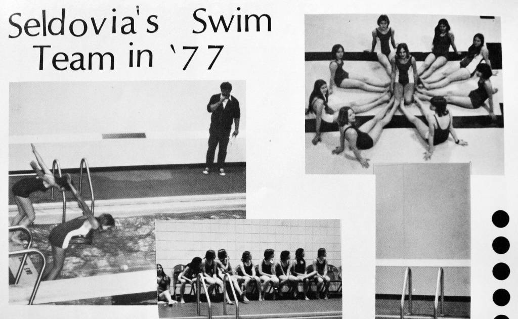 This is a portion of the swim team page from the 1977 Seldovia Otters yearbook. Rex Edwards can be seen poolside in the upper-left photo. (Image courtesy of Rex and Beverly Edwards)