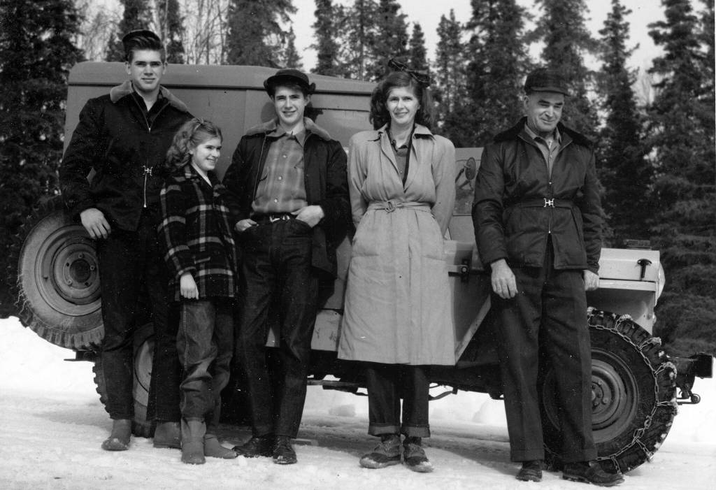 Photo courtesy of the Keeler Family Collection
In 1951, shortly after they had purchased their new jeep (pictured), the Keeler family (L-R: Larry, April, Marion, Lorna and Lawrence) used it to help another traveler extract his own vehicle from a snowy ditch. The other driver took this photo and later sent a copy of the image to the Keelers.