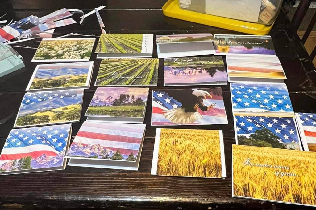 An array of homemade greeting cards await donation to military servicemembers. (Photo courtesy Toni Loop)