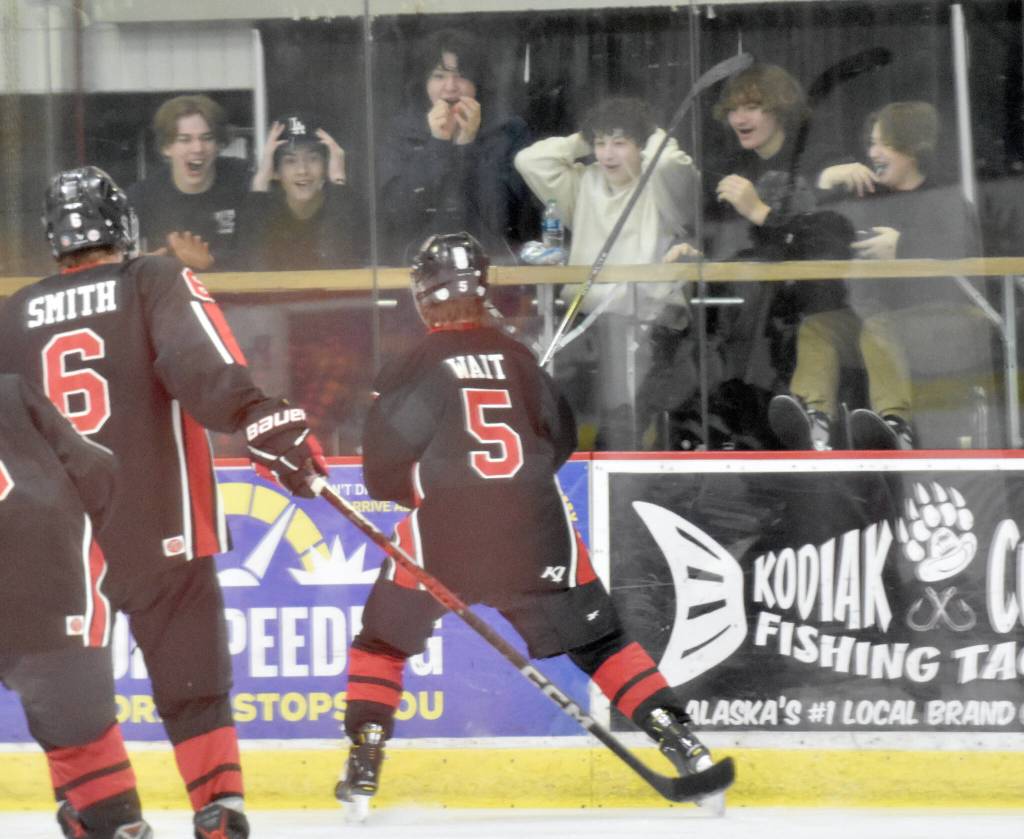 Kenai Centrals Jacob Wait celebrates his goal against Soldotna on Friday, Jan. 5, 2024, at the Soldtotna Regional Sports Complex in Soldotna, Alaska. (Photo by Jeff Helminiak/Peninsula Clarion)