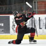 Kenai Central's Logan Mese celebrates his game-clinching goal against Soldotna on Friday, Jan. 5, 2024, at the Soldotna Regional Sports Complex in Soldotna, Alaska. (Photo by Jeff Helminiak/Peninsula Clarion)