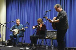 Jake Dye/Peninsula Clarion
John Walsh, Rose Flanagan and Pat Broaders perform during An Evening of Traditional Irish Music on Friday, Jan. 27, 2023, at Kenai Peninsula College in Soldotna.