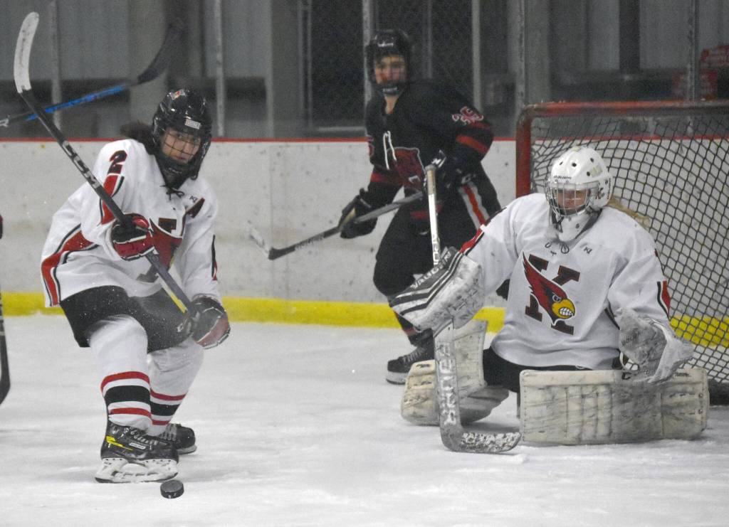 Kenai Centrals Logan Mese clears the puck in front of goalie Seanna Swanson on Friday, Jan. 19, 2024, at the Kenai Multi-Purpose Facility in Kenai, Alaska. (Photo by Jeff Helminiak/Peninsula Clarion)