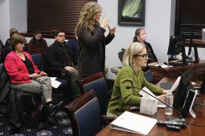 Deena Bishop, commissioner of the Alaska Department of Education and Early Development, testifies Saturday during a House Rules Committee meeting. (Mark Sabbatini / Juneau Empire)