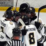 The Kenai River Brown Bears celebrate after a goal scored by Roope Tuomioksa at the Soldotna Regional Sports Complex in Soldotna, Alaska, on Friday, Jan. 25, 2024. (Jake Dye/Peninsula Clarion)