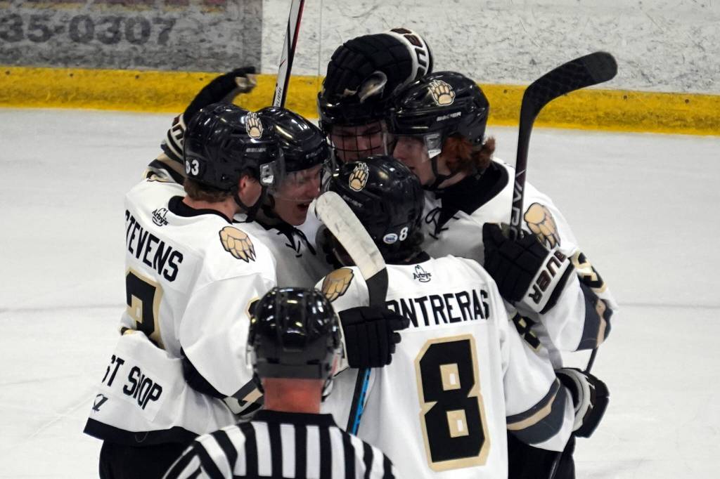 The Kenai River Brown Bears celebrate after a goal scored by Roope Tuomioksa at the Soldotna Regional Sports Complex in Soldotna, Alaska, on Friday, Jan. 25, 2024. (Jake Dye/Peninsula Clarion)