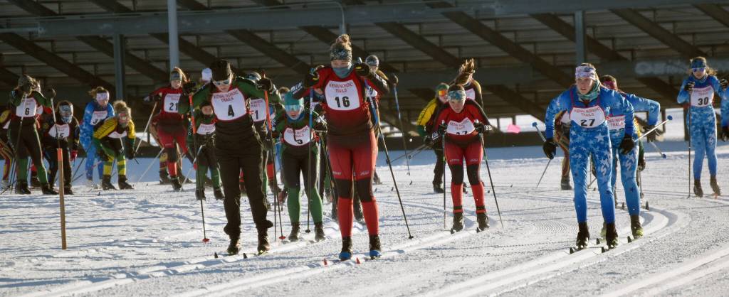 Kenai Centrals Emily Moss leads the pack at the start of the Kardinal Klassic on Friday, Jan. 26, 2024, at Tsalteshi Trails just outside of Soldotna, Alaska. (Photo by Jeff Helminiak/Peninsula Clarion)
