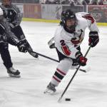 Kenai Centrals Logan Mese prepares to score on a breakaway against Soldotna on Friday, Jan. 26, 2024, at the Kenai Multi-Purpose Facility in Kenai, Alaska. (Photo by Jeff Helminiak/Peninsula Clarion)